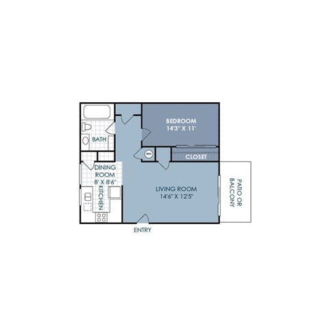 Floor plan for 1 bed, 1 bath, 636 sqft